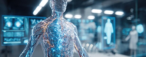 The transparent cybernetic human torso revealing glowing neural and vascular systems in laboratory
