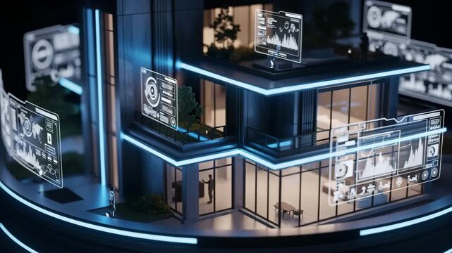Futuristic smart building architecture with holographic data displays and digital interfaces 4K Ai HD high quality video.
 - Powered by Adobe