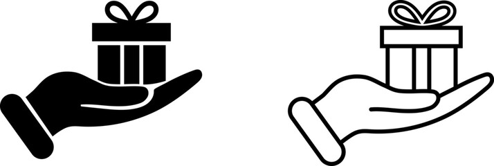 Icon showing hand holding a gift box in black and white, suitable for various festive themes and designs