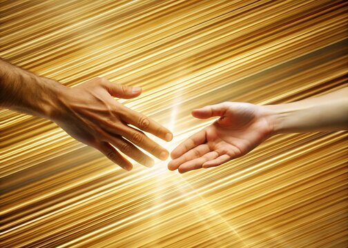 Two hands reaching toward each other against golden light streaks, symbolizing connection, energy, unity, and emotional resonance in abstract composition