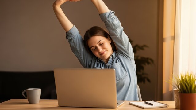 Caucasian young woman stretching at desk with laptop and coffee in cozy home office