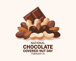 National Chocolate Covered Nut Day vector. Pile of mixed nuts in chocolate icon. Group of chocolate covered nuts vector illustration. February 25 every year. Important day.