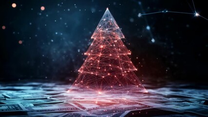Futuristic christmas tree glowing with a plexus network structure, standing on a surface of money, symbolizing digital holiday economy - Powered by Adobe