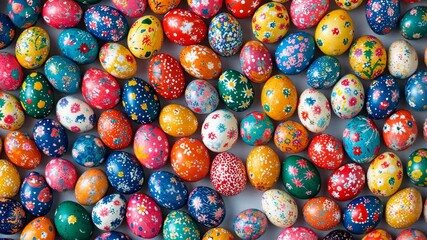 Enjoying colorful hand-painted Easter eggs during a spring celebration in a vibrant setting with a mix of patterns and designs - Powered by Adobe