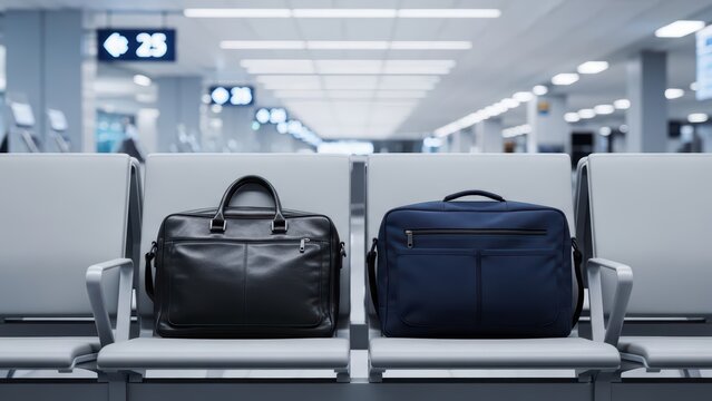 Black and blue bags on airport seating in modern terminal