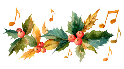 Watercolor holiday music illustration with festive notes, holly leaves, and warm tones isolated on white background