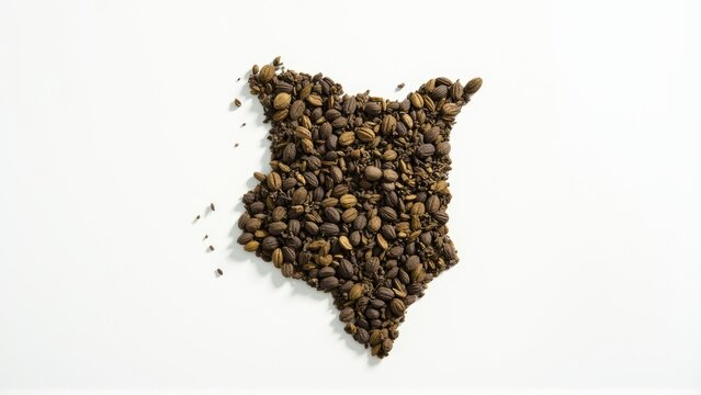 scattering of tea leaves forming shape of Kenya on white surface, agricultural identity concept, minimalist organic art