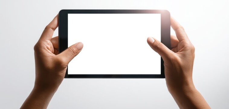 The tablet held by hands with blank screen for digital mockup and copyspace