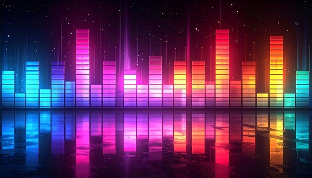 Vibrant, glowing equalizer bars reflect against a dark, star-speckled background, radiating an energetic vibe