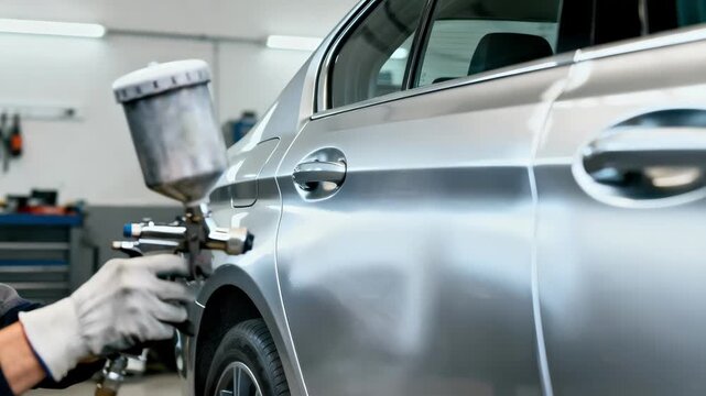 Medium shot of a mechanic using scratchresistant paint on a car door highlighting advanced formulations for vehicle surface protection.