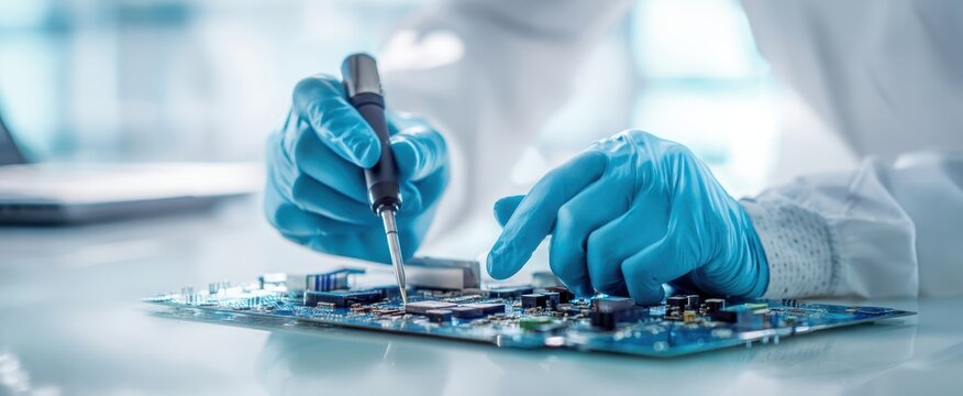 The circuit board being repaired by a gloved technician with a soldering iron