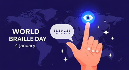 World braille day celebration with finger touching braille on a digital globe
