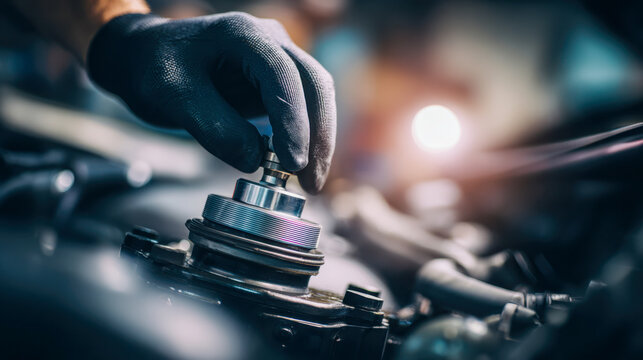 Technician wearing protective gloves adjusting a mechanical component on an engine in a dimly lit workshop with focused precision and care - Powered by Adobe
