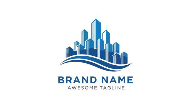Modern blue cityscape logo design with flowing waves and space for text