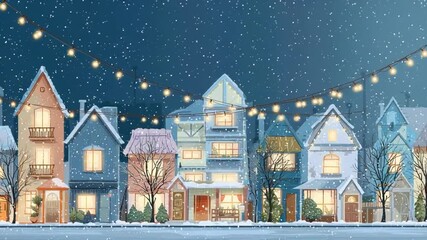 A charming snowy village with glowing houses and string lights shines softly under falling snow - Powered by Adobe
