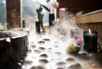 Tranquil spa ambiance featuring ethereal fog, smooth stones, glowing candles, and delicate blossoms