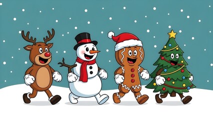 Festive Christmas Characters Walking in Snow