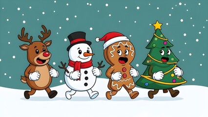 Festive Christmas Characters Walking in Snow