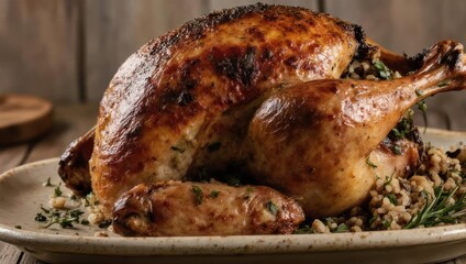 Roasted whole bird on a rustic plate, nestled with stuffing, against a wooden backdrop