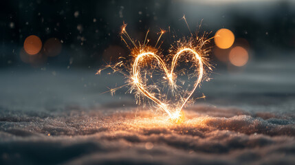 Heart shaped sparkler glowing in winter snow at night.