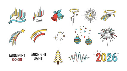 New Year's Celebration Elements: A collection of festive vector icons capturing the essence of celebration and new beginnings. Featuring fireworks, stars, ornaments, bells and cityscape design.