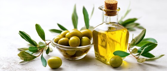 The Olive Oil Bottle with Green Olives and Olive Branches on White Background