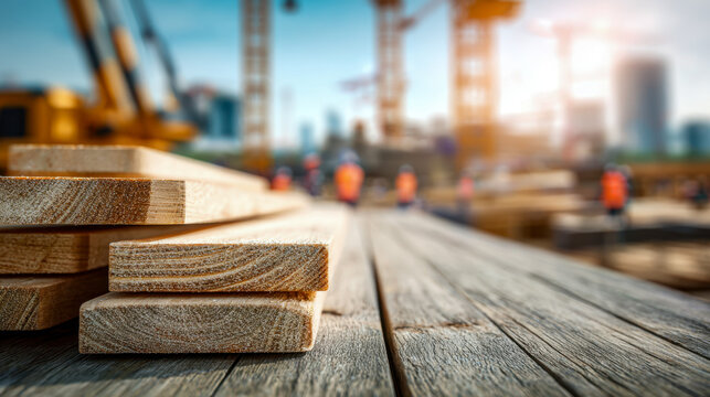 Stacked wooden planks on construction site table with blurred workers and building cranes in background during sunny daytime