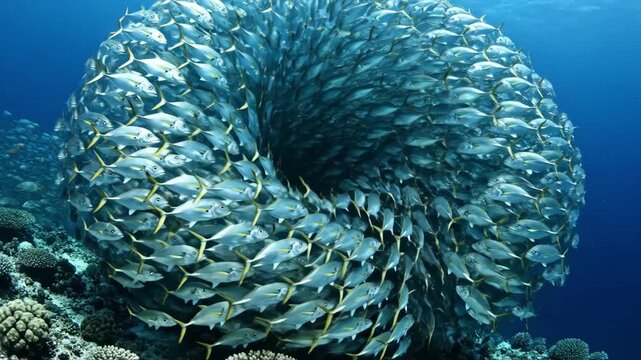 In a vibrant coral reef, schools of fish twist and swirl in mesmerizing formations, showcasing nature's magic beneath the waves. This underwater ballet captivates all who witness it.