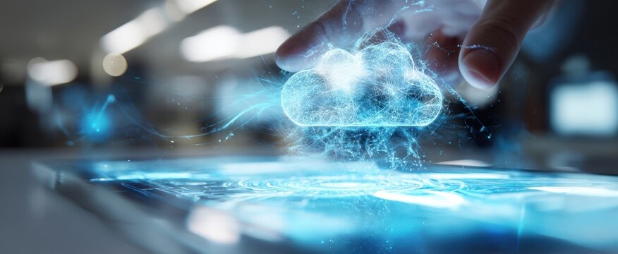 The Cloud Hologram Floating Above a Tablet Demonstrating Futuristic Digital Data Interaction