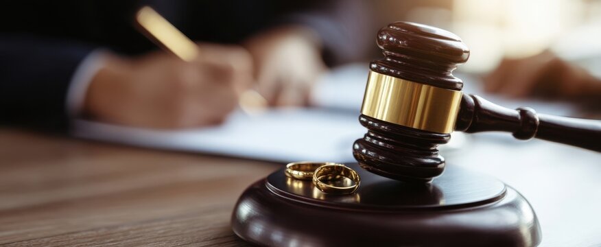The Gavel and Wedding Rings on a Legal Desk Representing Divorce Proceedings