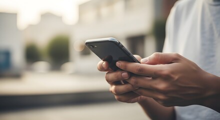 Man using smartphone outdoors in urban setting for communication and connection