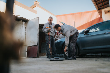 Two mechanics work on a car in a residential driveway, using tools and a toolbox, showcasing teamwork, repair skills, and outdoor automotive service.