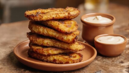 Stacked fried plantains on a plate, with dipping sauces in small clay bowls