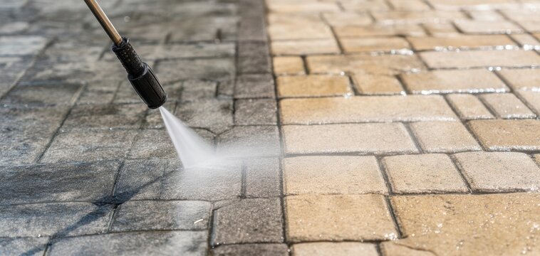The pressure washer cleaning stone pavers revealing dramatic before and after contrast