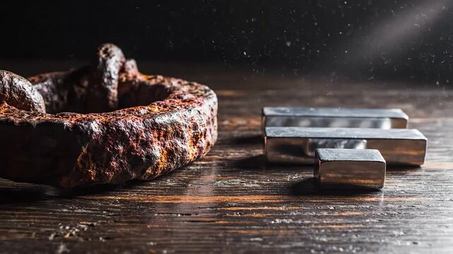 Contrasting metal objects showing rust corrosion and shiny smooth surfaces on wood background