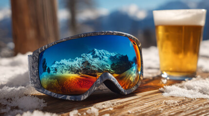Ski goggles with mountain reflection and cold beer on snowy table.