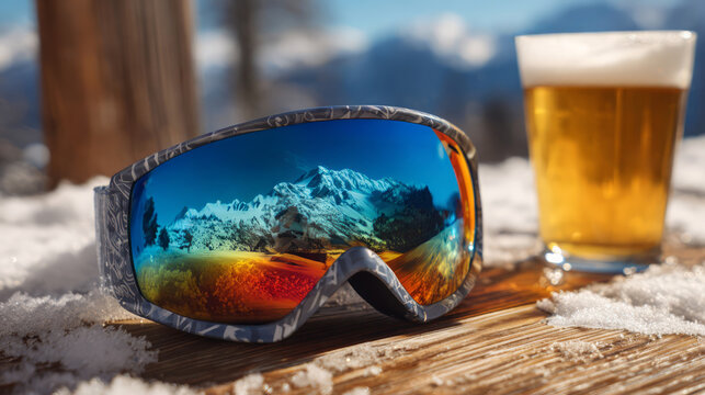 Ski goggles with mountain reflection and cold beer on snowy table.