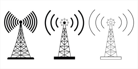 Three Black Silhouettes of Radio Towers Emitting Signal Waves transmission communication