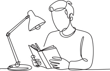 Continuous Line Art Illustration of Man Reading Book Under Desk Lamp Warm Indoor Minimalist Handmade Style