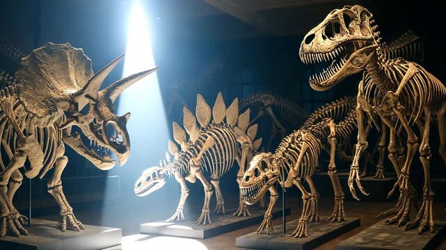 Museum exhibit shows dinosaur skeletons under warm light, emphasizing prehistoric science and discovery. Fossil bones of triceratops and other lizards displayed in paleontology hall.