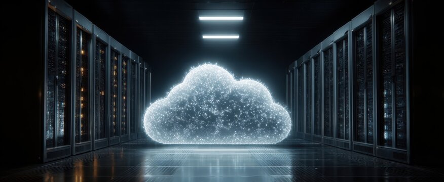 The Cloud Hologram Floating in a Futuristic Server Room with Illuminated Racks