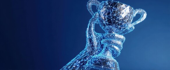 The Trophy Held by a Digital Wireframe Hand Symbolizing Virtual Victory and Innovation