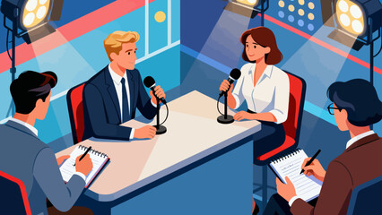 This isometric illustration shows a male reporter speaking into a microphone, surrounded by cameras, multiple microphones, and studio lights, set in a bright, professional broadcast environment.