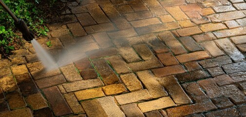 Fototapeta premium The pressure washer cleaning a brick patio, revealing wet, clean paving stones and texture