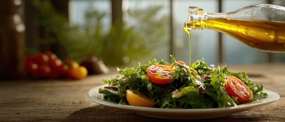 The salad with cherry tomatoes and arugula being drizzled with golden olive oil