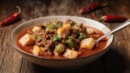 Steaming bowl of chili with chunks, garnished with green onions, & red chili peppers on wood