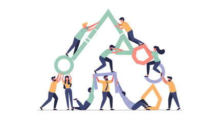 Teamwork concept illustration. People building letters. Colorful vector graphic. Alphabet construction. Team collaboration. Business teamwork. Creative design element. White background.