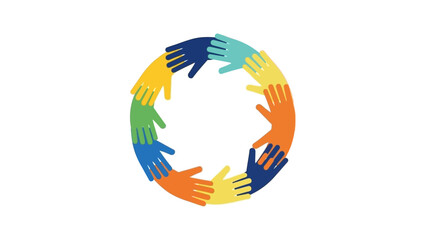 Diverse hands joined in circle. Colorful hands holding each other. Unity and diversity symbol. Vector illustration of hands in a circle. Support and teamwork concept. Multicolored hand