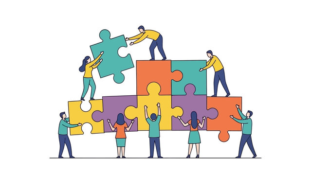 Teamwork concept. People building puzzle pieces. Colorful puzzle illustration. Team collaboration. Business teamwork. Puzzle pieces on white background. Vector illustration.