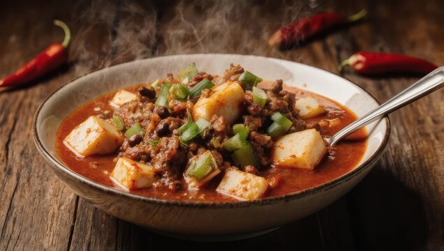 Steaming bowl of chili with chunks, garnished with green onions, & red chili peppers on wood